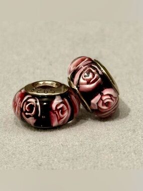 Black Murano charms set with Pink Rose design fit Pandora bracelets